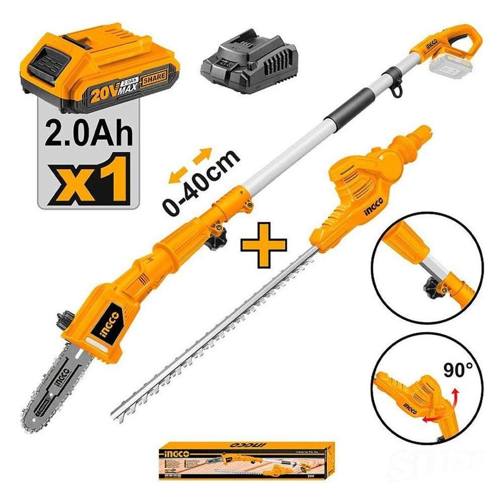 Ingco CPTS201681 Li-Ion Pole Saw With Pole Hedge Trimmer 20V - KHM Megatools Corp. Ingco CPTS201681 Li-Ion Pole Saw With Pole Hedge Trimmer 20V - KHM Megatools Corp.
