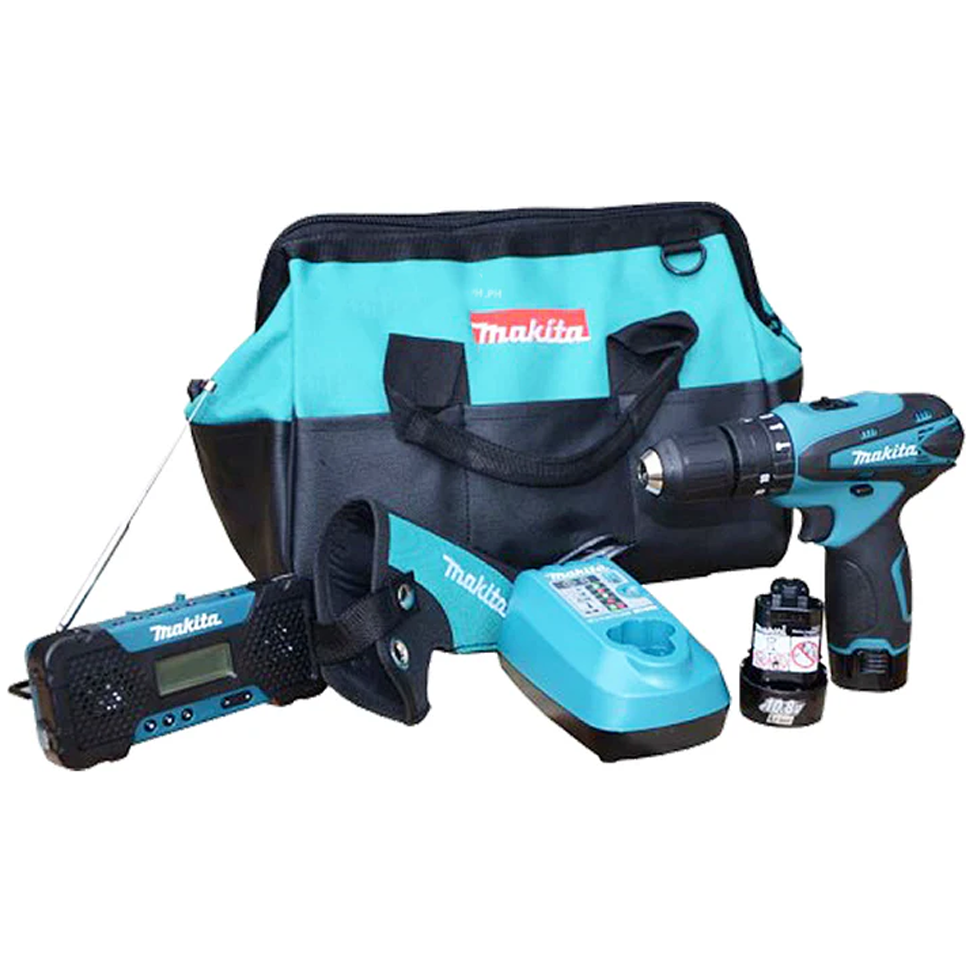 Makita DK1202 COMBO KIT HP330DZ / MR051 – AM-FM Radio / Cordless Hammer Driver Drill 10MM 10.8V Li-ion | Makita by KHM Megatools Corp.