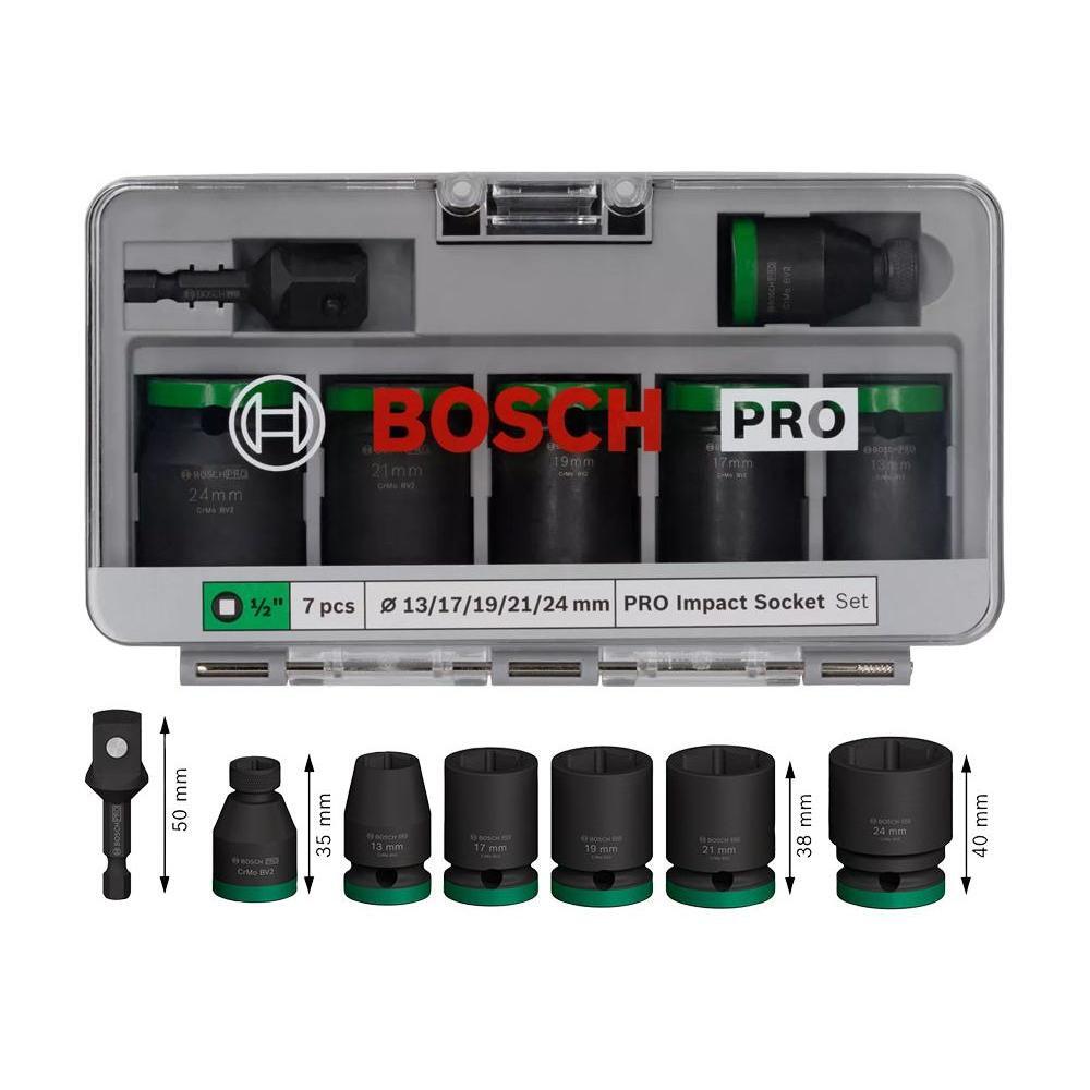 Bosch PRO Impact Socket Wrench 1/2" Drive Standard 7Pcs with 1/4" Adapter (2608003032) | Bosch by KHM Megatools Corp.