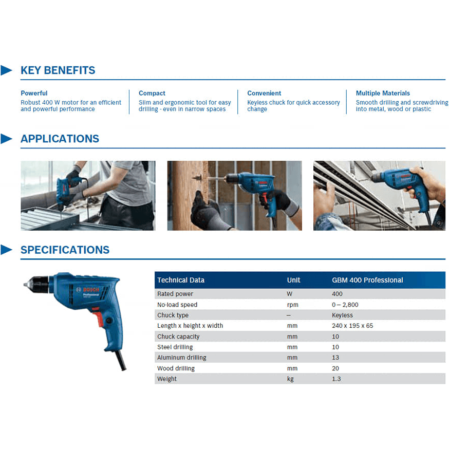 Bosch GBM 400 Keyless Hand Drill 10mm (3/8") 400W [Contractor's Choice] Secondary image