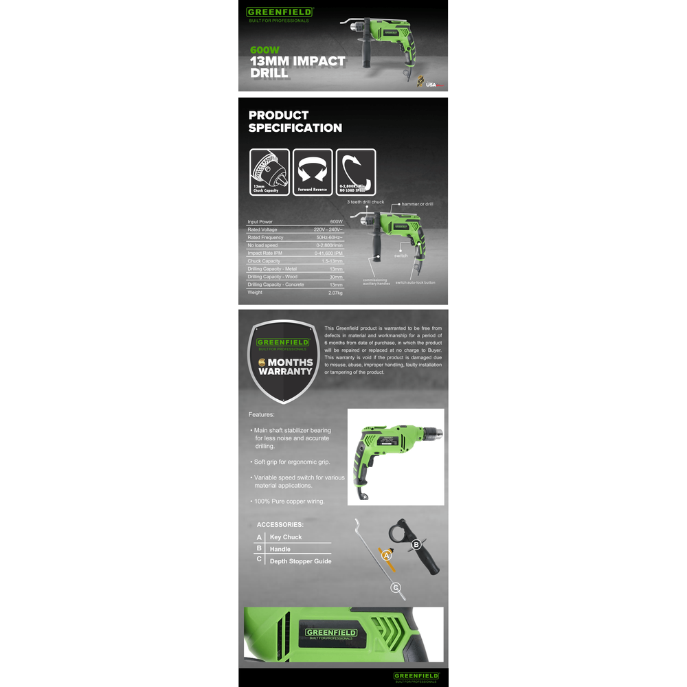 Greenfield 02-620 Impact / Hammer Drill 13mm 600W Secondary image