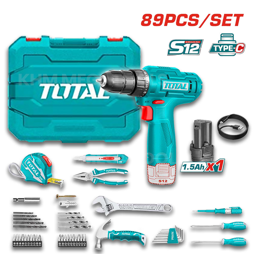 Total THKTHP10892 89 Pcs Tool Set with Cordless Drill 12V - ToolsSavvy.ph Main image