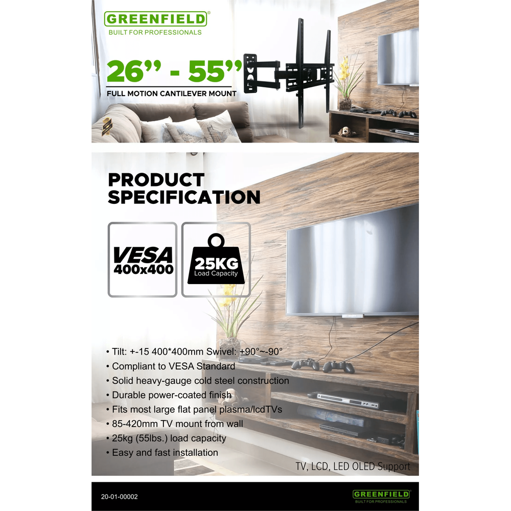 Greenfield MCR-814 Full Motion Cantilever TV Wall Mount Bracket 26" -55" - KHM Megatools Corp.