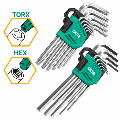 DCA A09E0301 Extra Long Hex and Torx Key Wrench Set 18Pcs