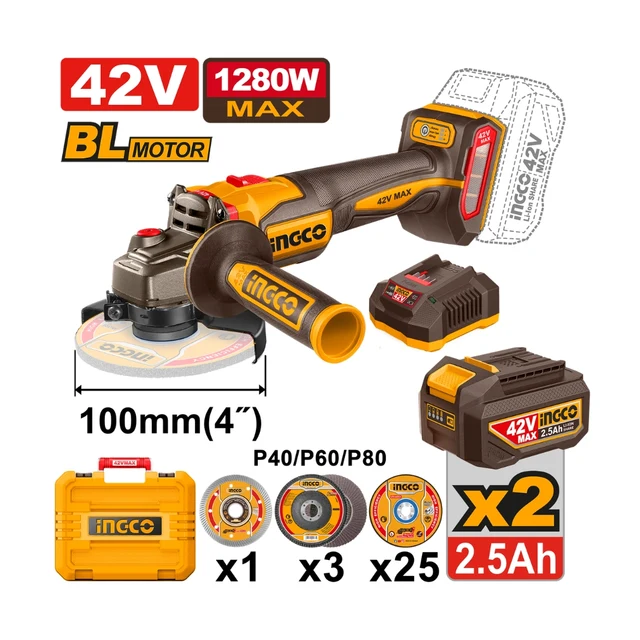 Ingco CAGLI4128102 Cordless AI Angle Grinder 42V 100mm [Kit]