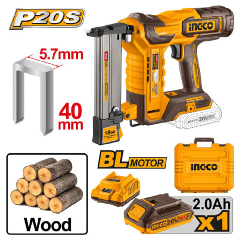 Ingco CCSNLI6008 Cordless BL Crown Stapler Nailer Kit 20V 2.0HP | Ingco by KHM Megatools Corp.