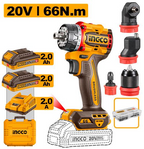 Ingco CDLI20686 Cordless Drill Driver 20V 66Nm (5-in-1 Multi-Head) [Kit]