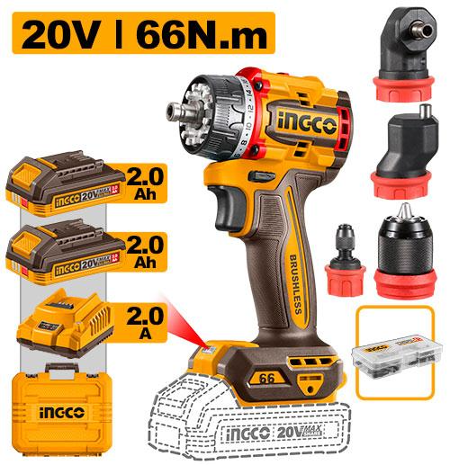 Ingco CDLI20686 Cordless Drill Driver 20V 66Nm (5-in-1 Multi-Head) [Kit]