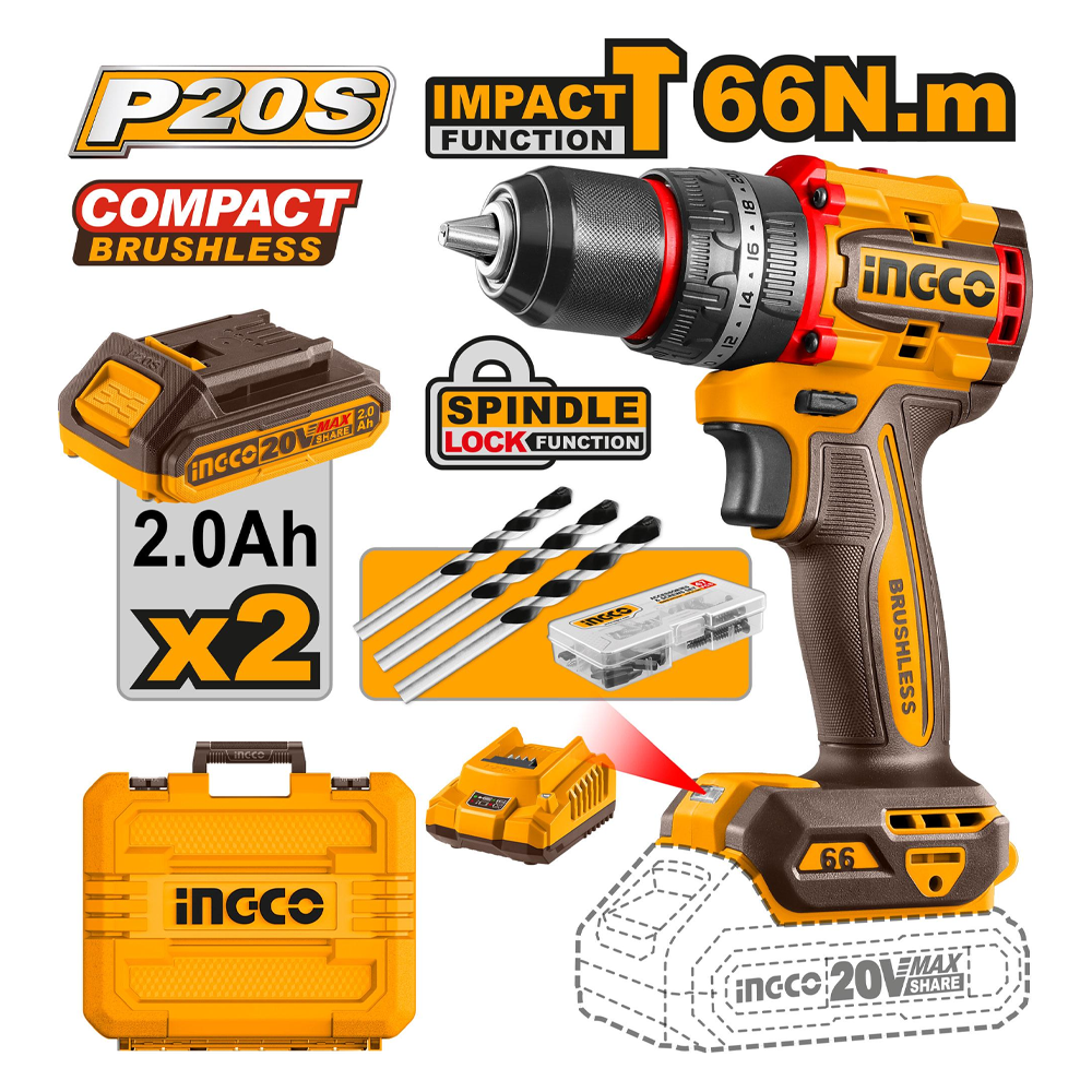 Ingco CIDLI20668 Cordless Li-Ion BL Impact Drill 20V 2.0AH Secondary image
