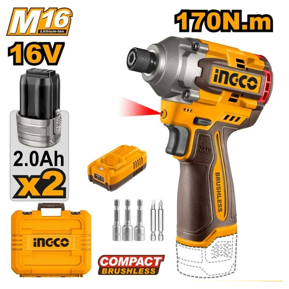 Ingco CIRLI16178 Cordless BL Impact Driver M16 16V 2.0AH