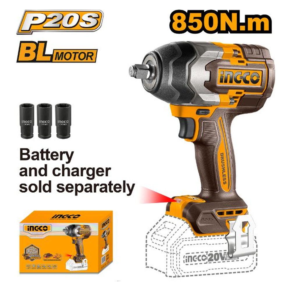 Ingco CIWLI20851 Cordless Li-Ion BL Impact Wrench 1/2" DR. 20V (Bare) Secondary image