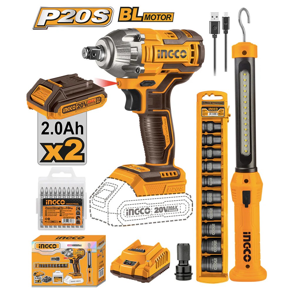 Ingco COSLI23011 Cordless Impact Wrench Combo Kit 3Pcs 20V 2.0AH Secondary image