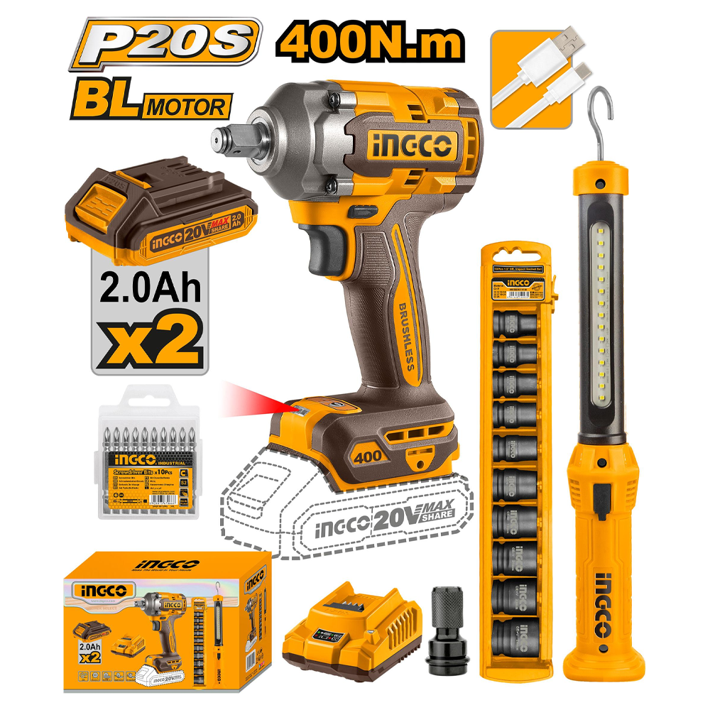 Ingco COSLI23048 Cordless Impact Wrench Combo Kit 3Pcs 20V 2.0AH Secondary image