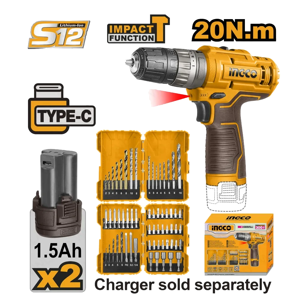 Ingco COSLI23114 Cordless Li-Ion Impact Drill Set 61Pcs 12V 1.5AH Secondary image