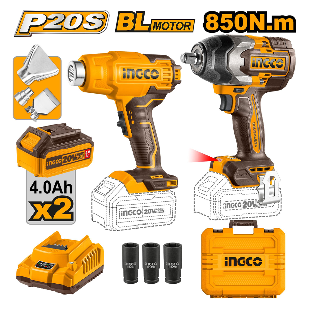Ingco COSLI240489 Cordless Impact Wrench and Heat Gun 20V 4.0AH Secondary image