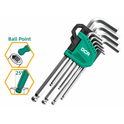 DCA A09D0102 Long Ball Point Hex Key Wrench Set 9Pcs