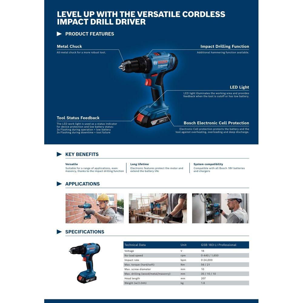 Bosch GSB 183 Cordless Impact Hammer Drill / Driver 3/8" (10mm) 18V [Contractor's Choice] - KHM Megatools Corp.