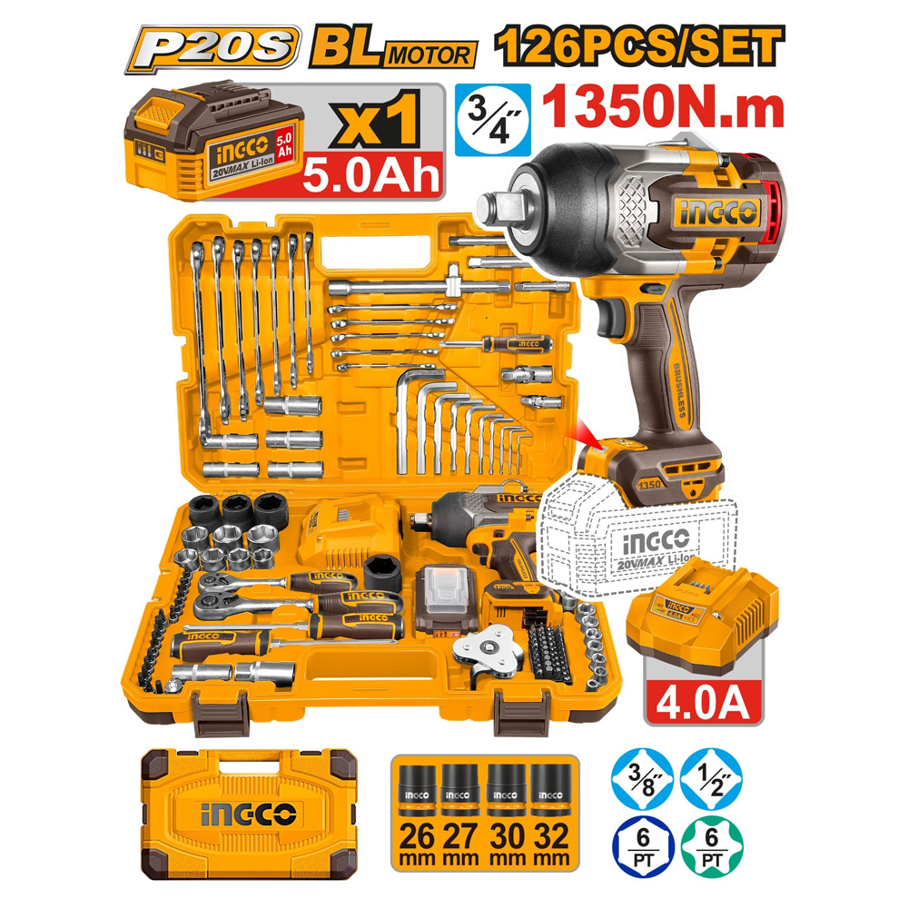 Ingco HKTHP31261 Li-Ion Impact Wrench 126pcs Tools Set - ToolsSavvy.ph