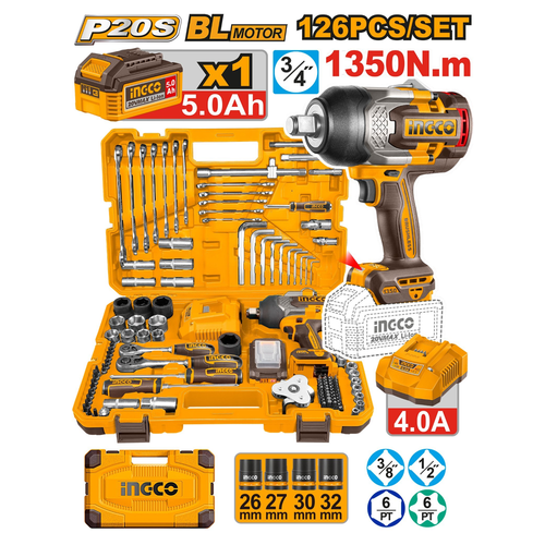 Ingco HKTHP31261 Li-Ion Impact Wrench 126pcs Tools Set