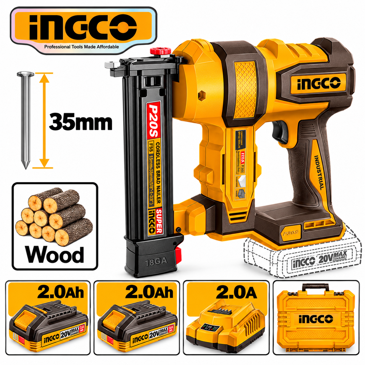 Ingco CBNLI20686 Cordless Brad Nailer 18Ga 35mm 20V [Kit]
