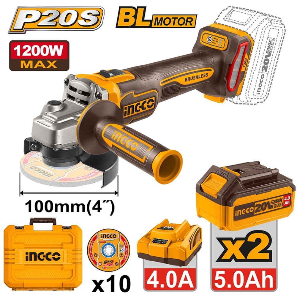 Ingco CAGLI2210032 Cordless Angle Grinder 20V 1200W