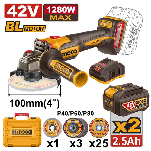 Ingco CAGLI4128102 Cordless Angle Grinder 42V 1280W