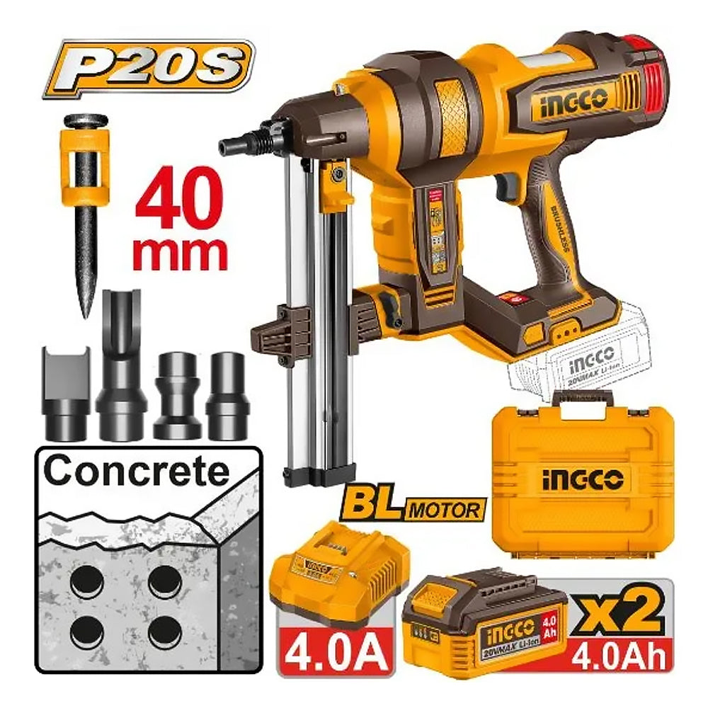 Ingco CCNLI9008 Cordless Brushless Li-Ion Concrete Nailer 40mm 20V 4.0AH Secondary image