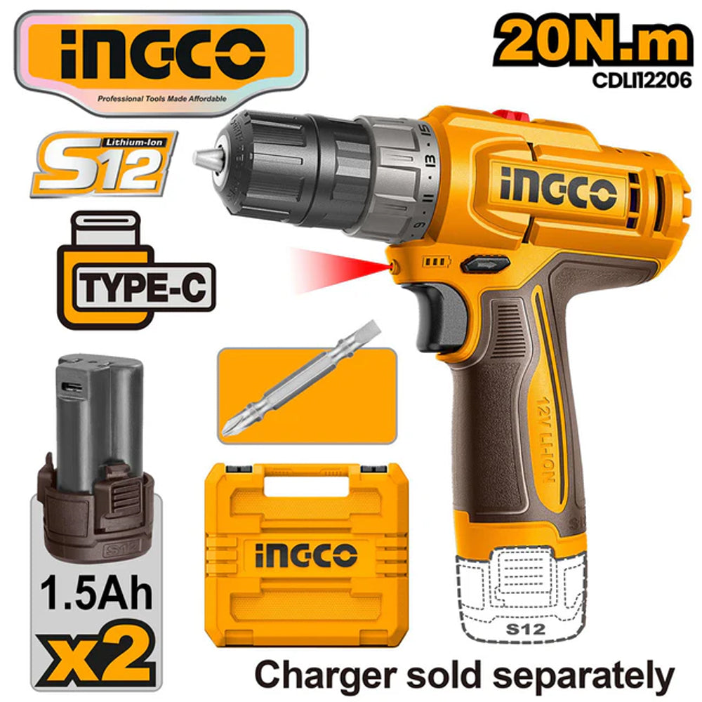 Ingco CDLI122061 Cordless Drill 12V 20Nm - ToolsSavvy.ph