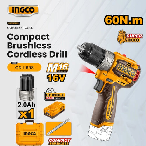 Ingco CDLI1668 Compact Brushless Cordless Drill 16V - ToolsSavvy.ph