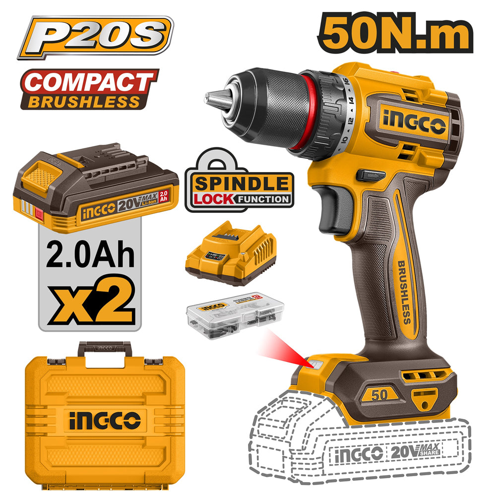 Ingco CDLI20506 Brushless Cordless Drill 20V 50Nm - ToolsSavvy.ph