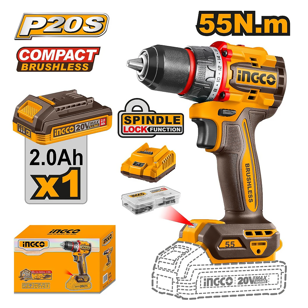 Ingco CDLI205582 Brushless Cordless Li-ion Drill 20V Kit