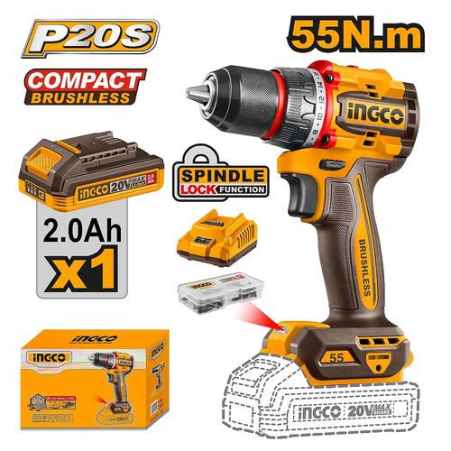 Ingco CDLI205582 Brushless Cordless Li-ion Drill 20V Kit