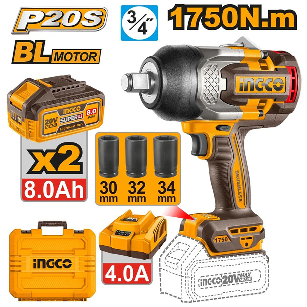 Ingco CIWLI20175 Cordless Impact Wrench 20V 1750Nm