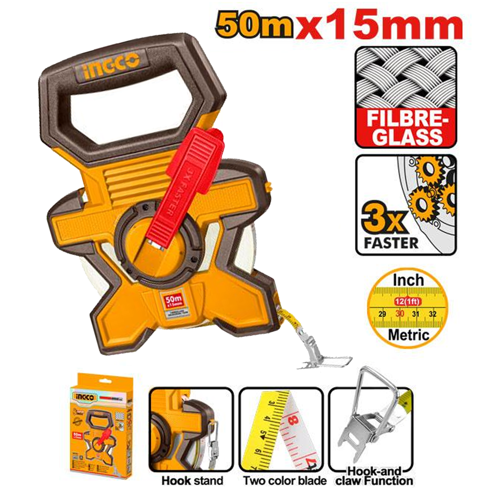 Ingco HFMT1850 Fiberglass Measuring Tape 50M X 15MM - ToolsSavvy.ph
