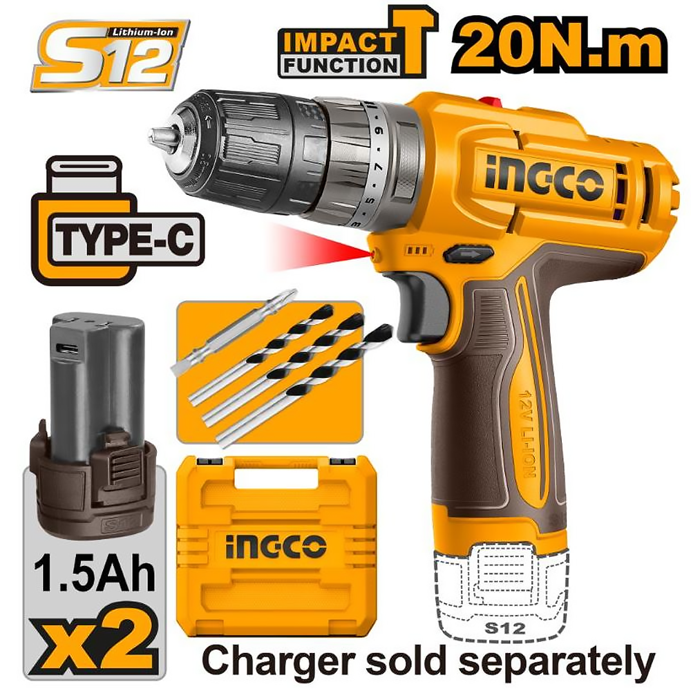 Ingco CIDLI12206 Cordless Impact Drill 12V 20Nm (Bare)