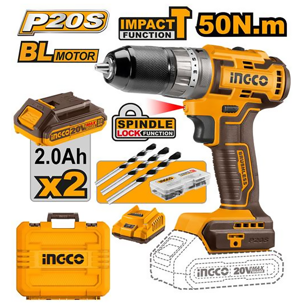 Ingco CIDLI20506 Brushless Cordless Impact Drill 20V 50Nm
