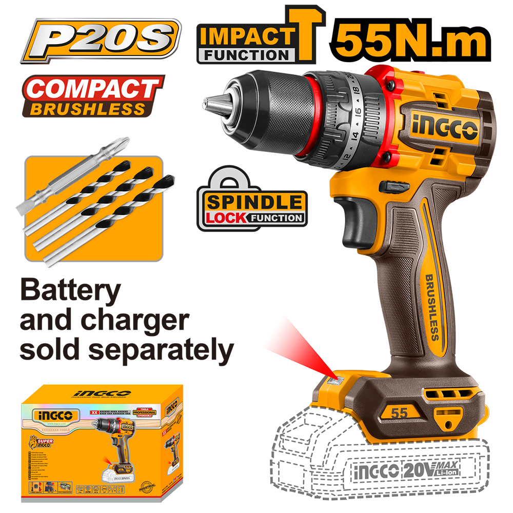 Ingco CIDLI205581 Cordless Impact Drill 20V 55Nm (Bare) - ToolsSavvy.ph Main image
