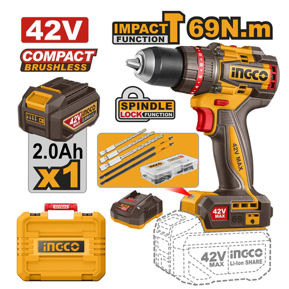 Ingco CIDLI426981 Compact Brushless Cordless Impact Drill 42V 69Nm