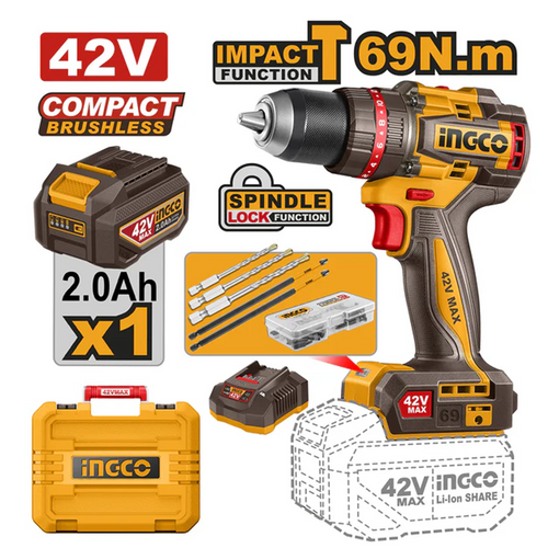 Ingco CIDLI426981 Compact Brushless Cordless Impact Drill 42V 69Nm