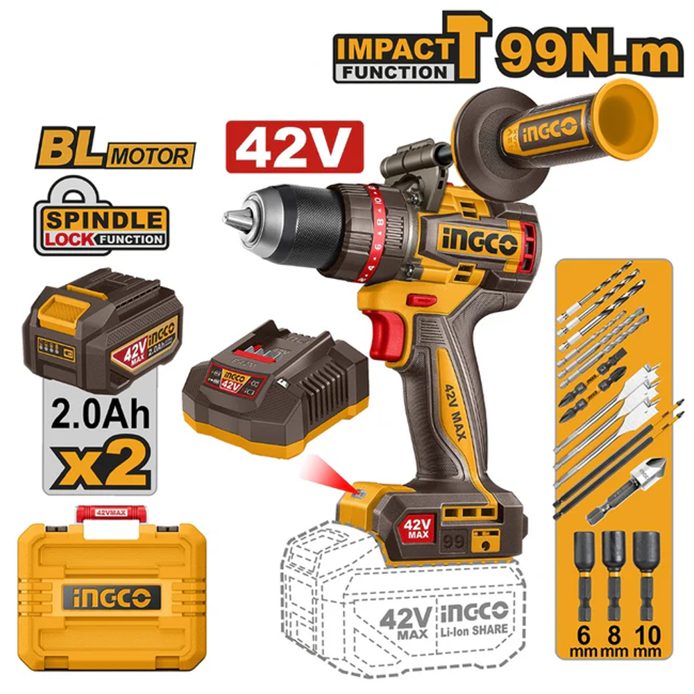 Ingco CIDLI429982 Brushless Cordless Impact Drill 42V 99Nm Main image