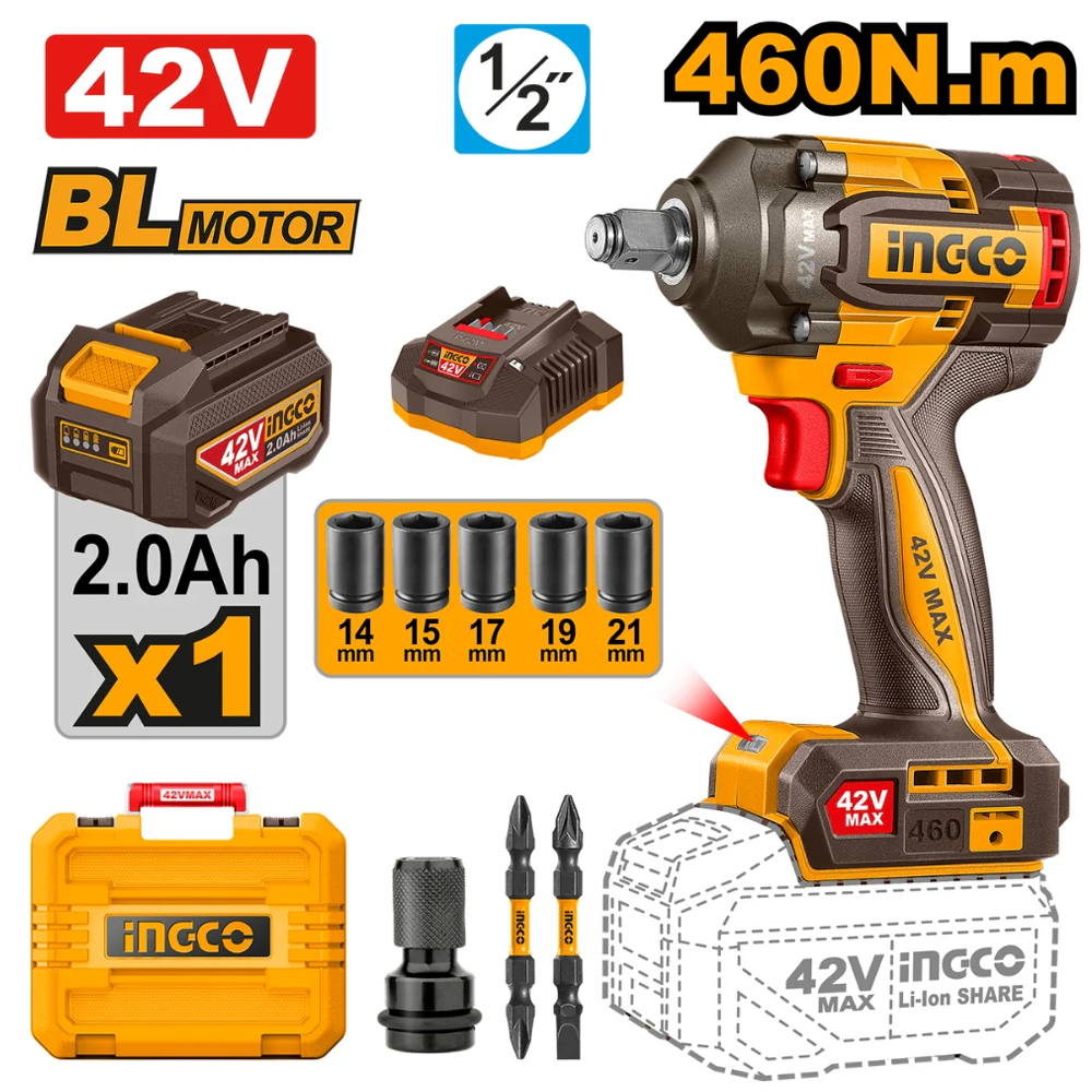 Ingco CIWLI42461 Cordless Impact Wrench 42V 460Nm