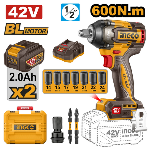 Ingco CIWLI42602 Cordless Impact Wrench 42V 600Nm