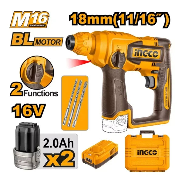 Ingco CRHLI16168 Cordless Rotary Hammer Kit 16V
