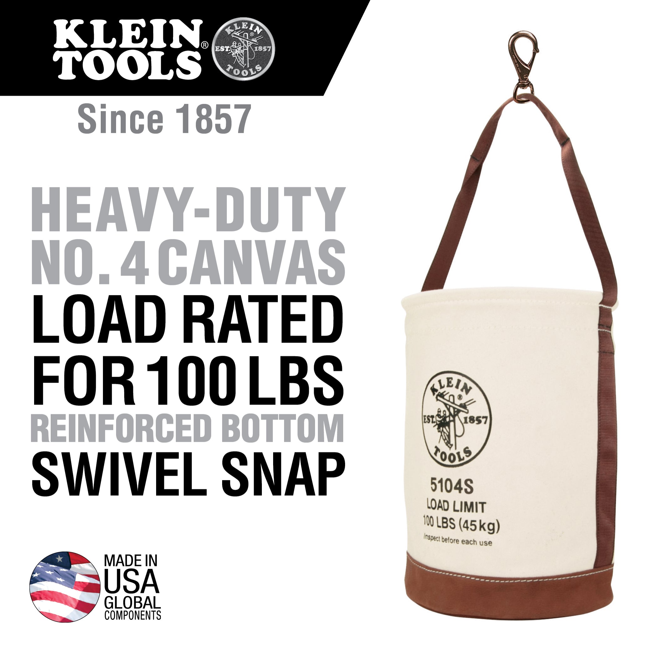 Klein 5104S Canvas Bucket Leather Bottom Swivel Snap 12" - ToolsSavvy.ph