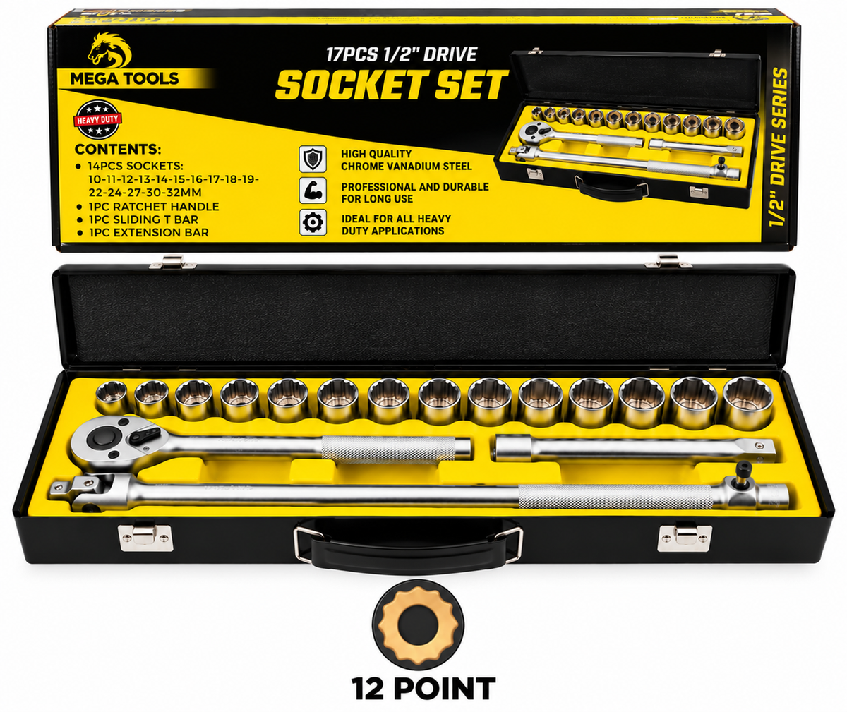 Megatools M17SSMB Socket Wrench Set 17pcs 1/2" Drive (Matte Black) – 6-Point / 12-Point