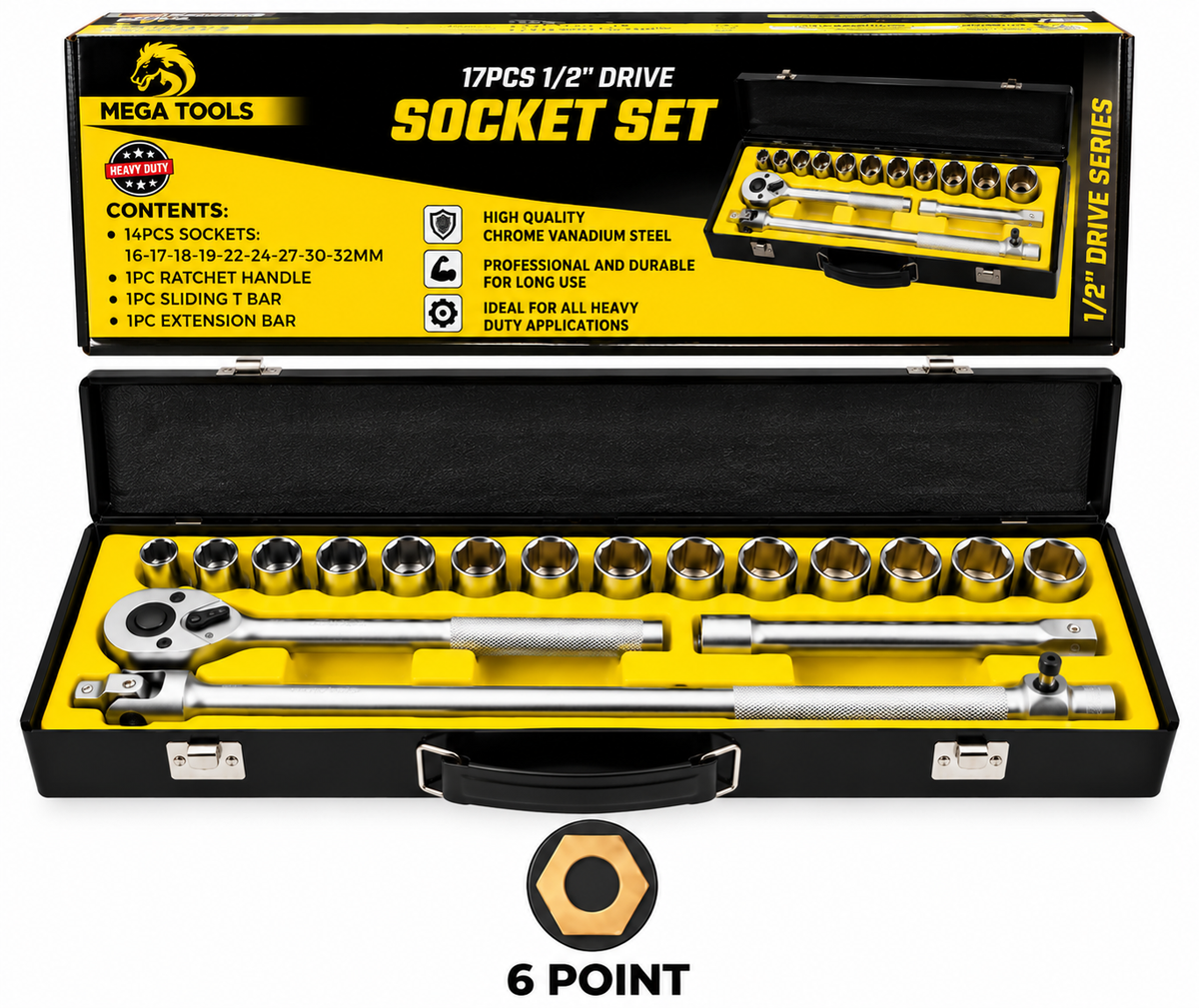 Megatools M17SSMB Socket Wrench Set 17pcs 1/2" Drive (Matte Black) – 6-Point / 12-Point
