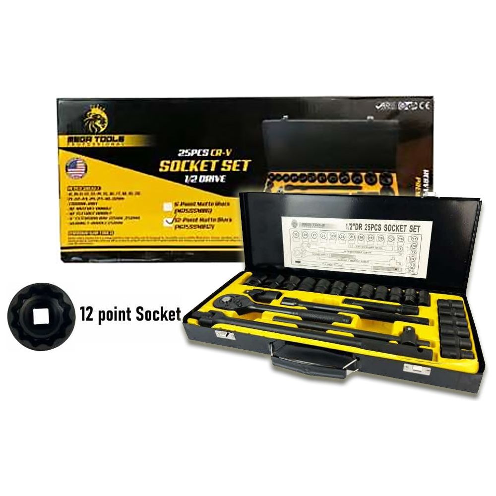 Megatools M25SSMB12 Socket Wrench Set 25pcs 1/2" Drive 12pts (Matte Black) | Mega Tools by KHM Megatools Corp. Main image