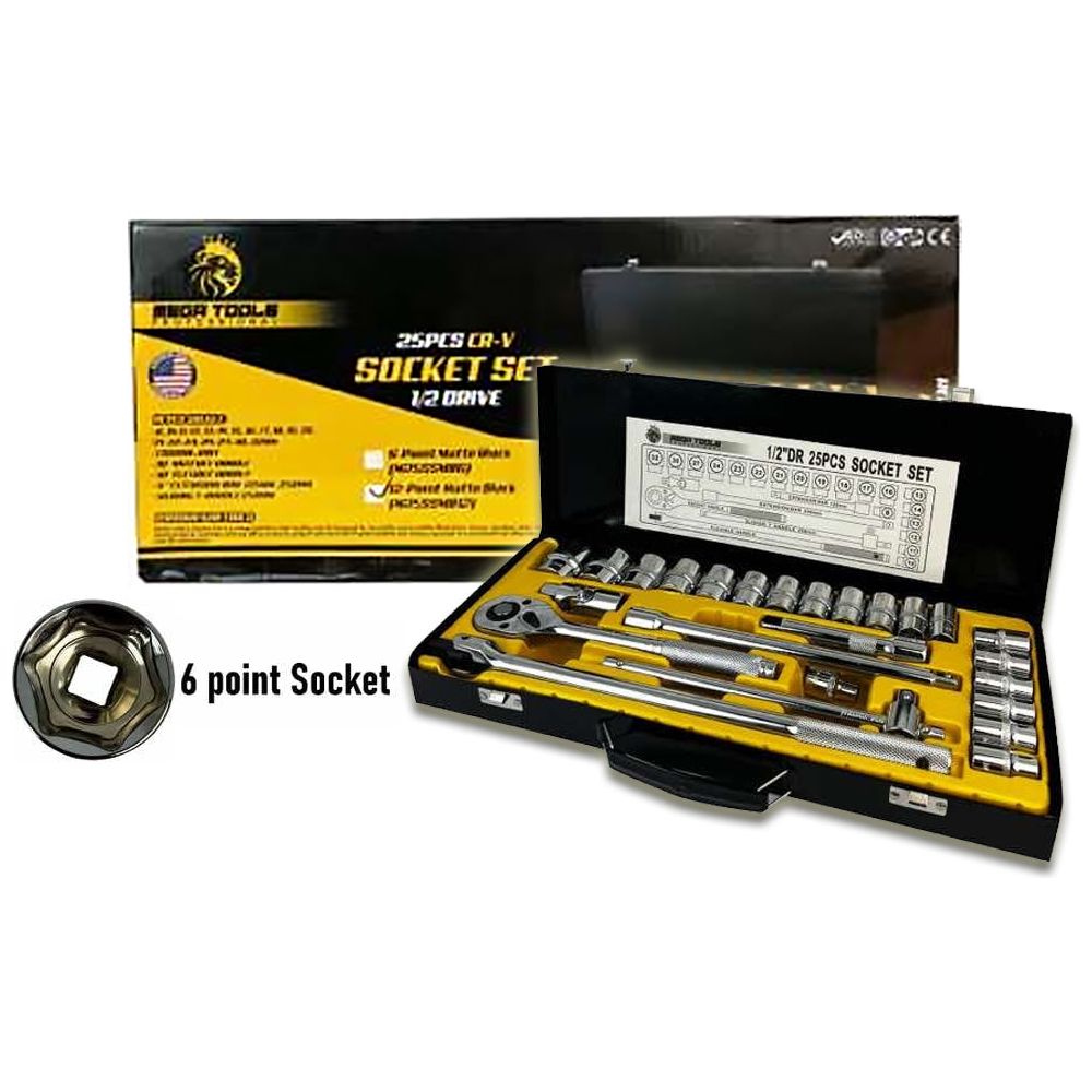 Megatools M25SSMF6 Socket Wrench Set 25pcs 1/2" Drive 6pts (Mirror Finish) | Mega Tools by KHM Megatools Corp. Main image