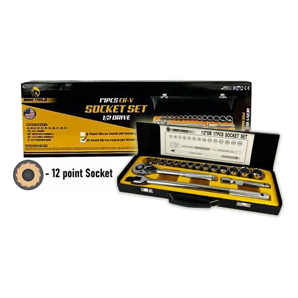 Megatools M17SSMF12 Socket Wrench Set 17pcs 1/2" Drive 12pts (Mirror Finish) | Mega Tools by KHM Megatools Corp. Main image
