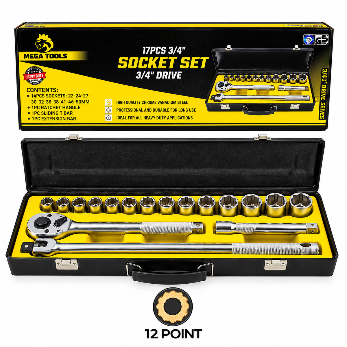 Megatools M17SSMF Socket Wrench Set 17pcs 1/2" Drive (Mirror Finish) – 6-Point / 12-Point